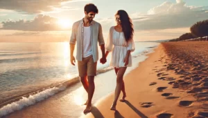 Can Hypnosis Help with ED a man and woman take a romantic walk on the beach