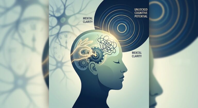 Comparative illustration of human mind transitioning from chaotic thoughts to focused mental clarity through subconscious unlocking, optimized for hypnosis for focus and concentration blog header.