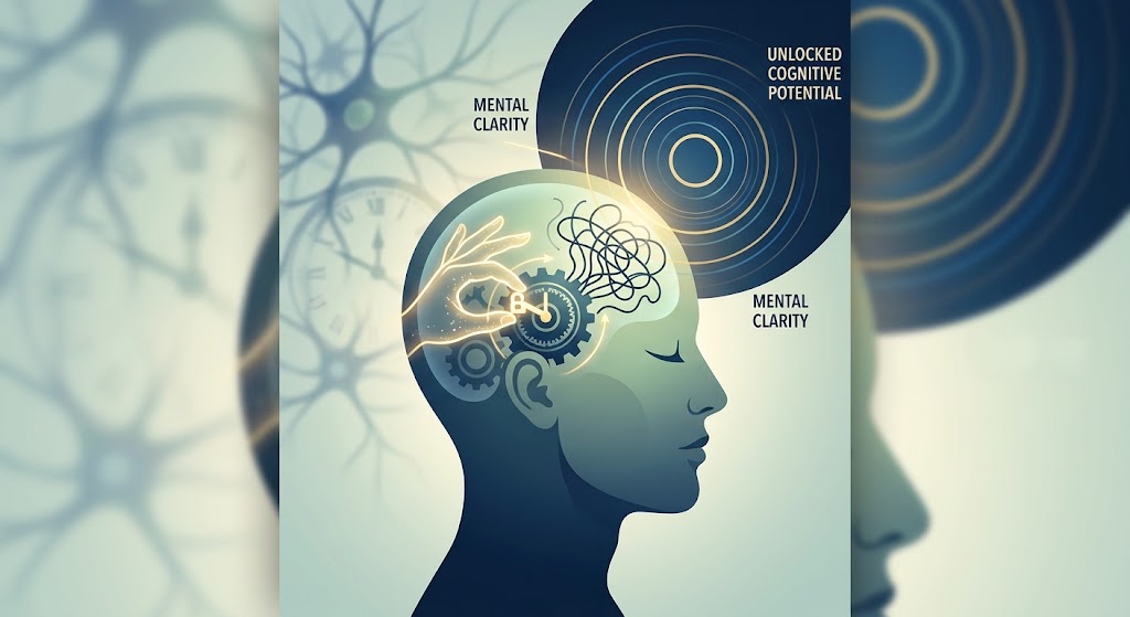 Comparative illustration of human mind transitioning from chaotic thoughts to focused mental clarity through subconscious unlocking, optimized for hypnosis for focus and concentration blog header.