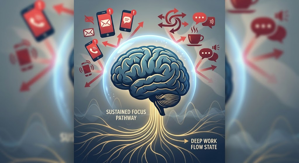Conceptual diagram illustrating the brain utilizing a subconscious shield to deflect red digital distractions while illuminating gold sustained focus pathways, visualizing how hypnosis for focus and concentration retrains attention.