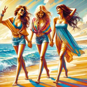 picture of 3 women walking together having fun on the beach